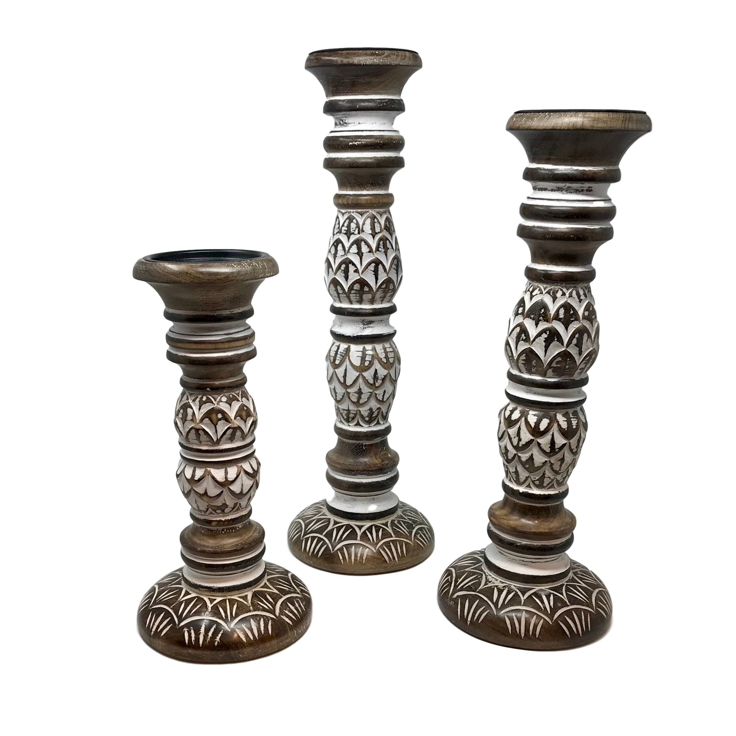 Set of 3 Artichoke Design Hand-Carved Wood Candle Holders